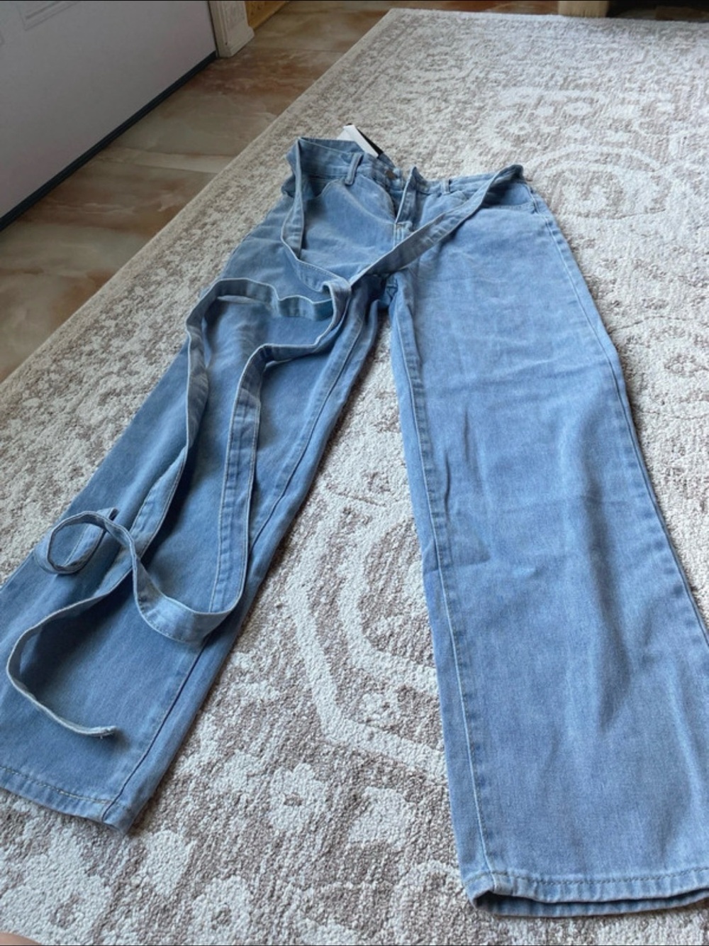 Light Blue Women’s High-Rise Wide-Leg Jeans with Self-Tie Belt